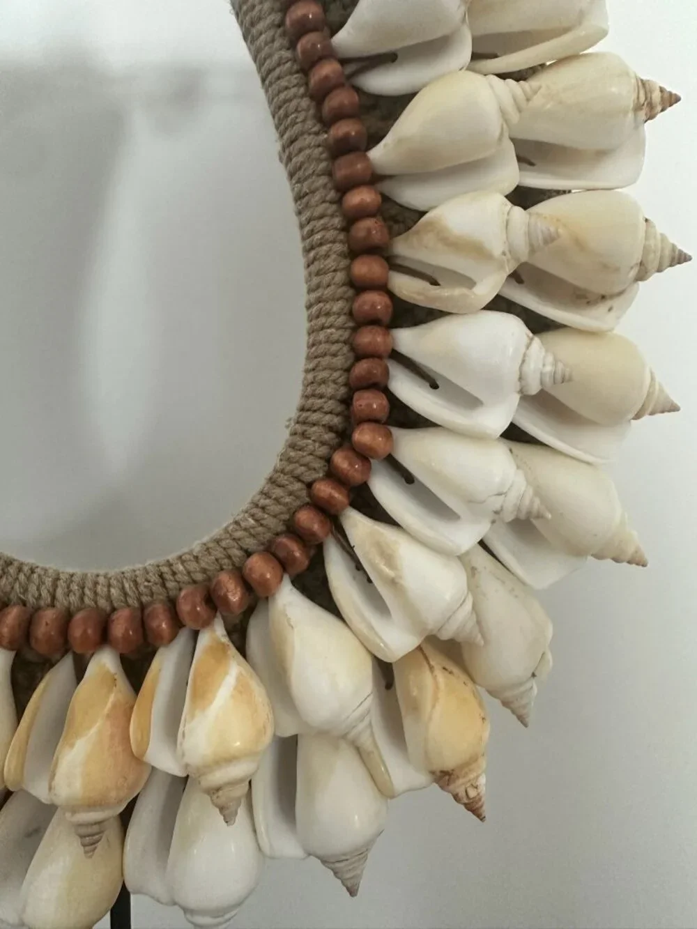 Handmade Tribal Shell Necklace Sculpture on Stand | Boho Coastal Decor